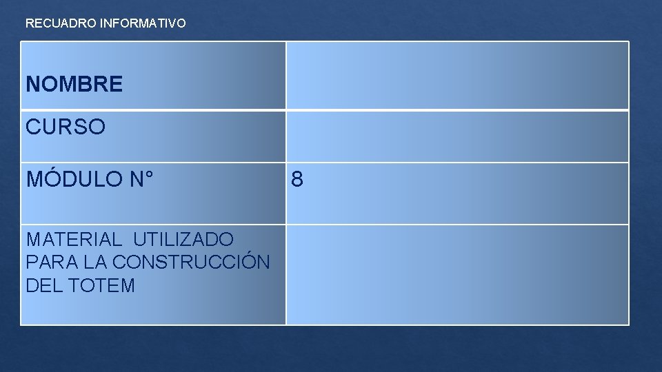 RECUADRO INFORMATIVO NOMBRE CURSO MÓDULO N° MATERIAL UTILIZADO PARA LA CONSTRUCCIÓN DEL TOTEM 8