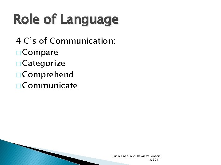 Role of Language 4 C’s of Communication: � Compare � Categorize � Comprehend �