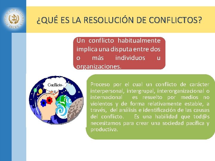 ¿QUÉ ES LA RESOLUCIÓN DE CONFLICTOS? Un conflicto habitualmente implica una disputa entre dos