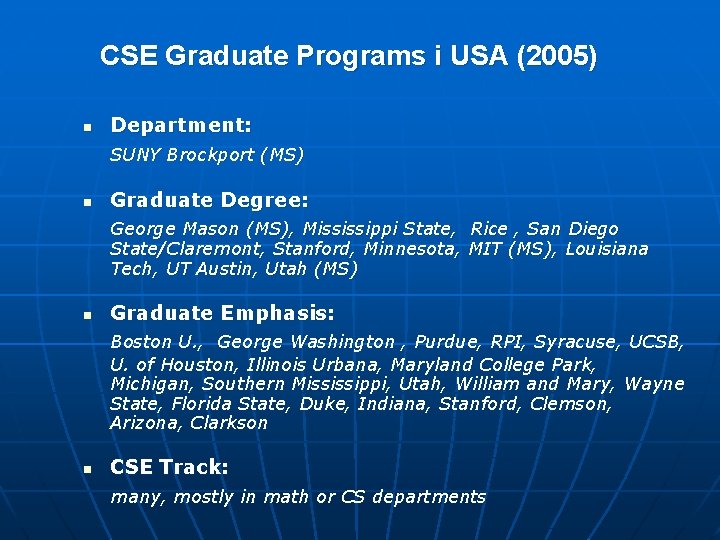 CSE Graduate Programs i USA (2005) n Department: SUNY Brockport (MS) n Graduate Degree: