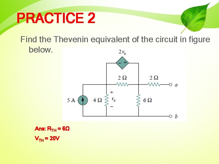 PRACTICE 2 Find the Thevenin equivalent of the circuit in figure below. Ans: RTH