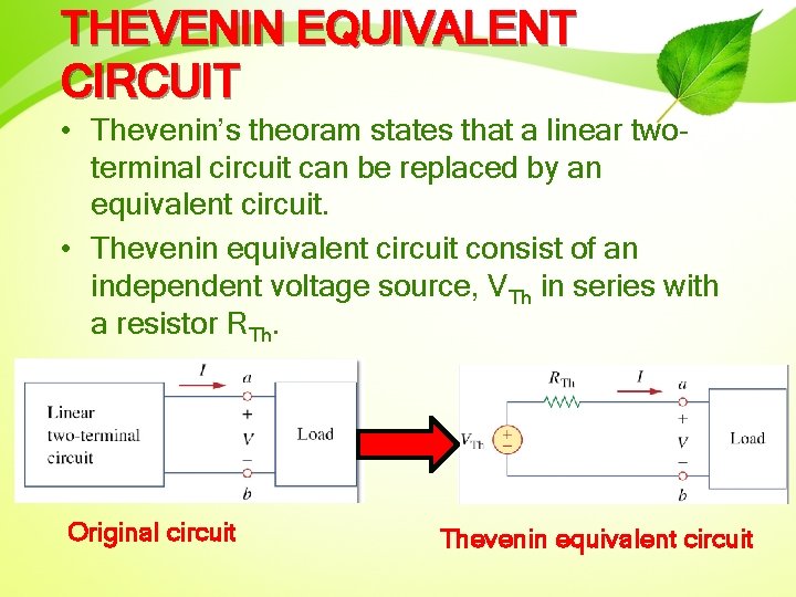 THEVENIN EQUIVALENT CIRCUIT • Thevenin’s theoram states that a linear twoterminal circuit can be