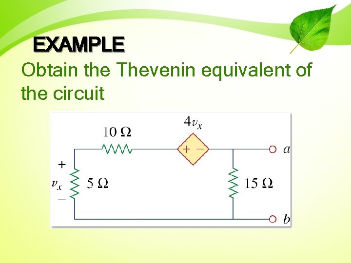 EXAMPLE Obtain the Thevenin equivalent of the circuit 