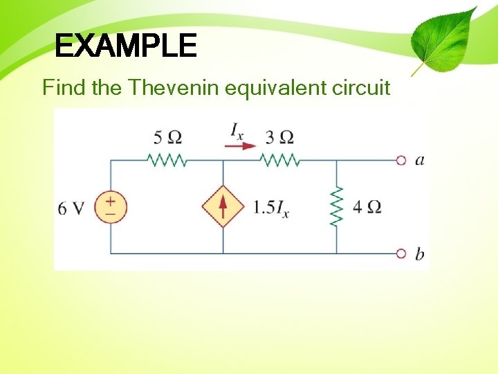 EXAMPLE Find the Thevenin equivalent circuit 