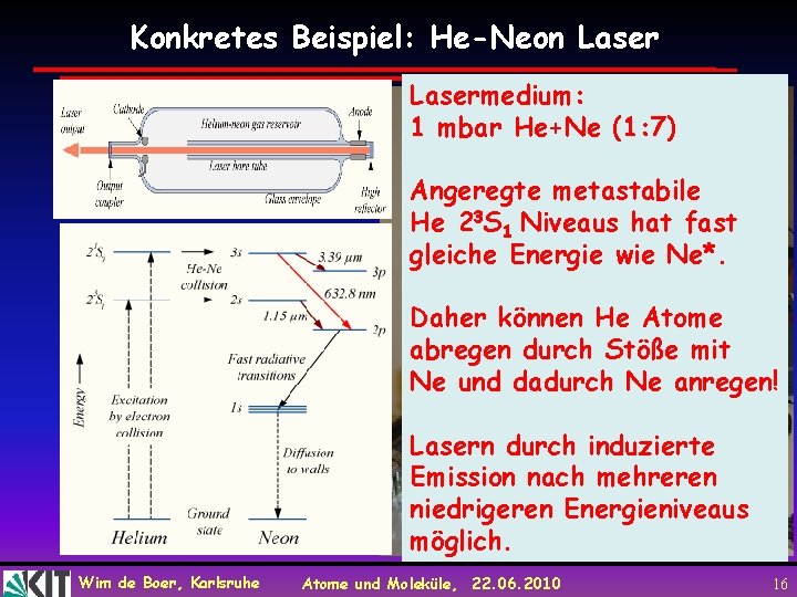 Konkretes Beispiel: He-Neon Lasermedium: 1 mbar He+Ne (1: 7) Angeregte metastabile He 23 S