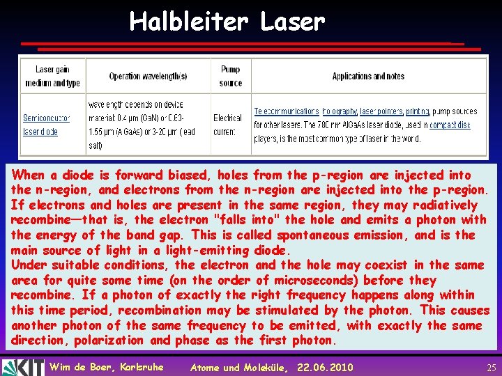 Halbleiter Laser When a diode is forward biased, holes from the p-region are injected