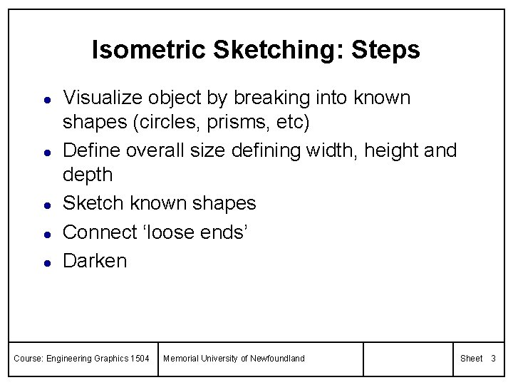 Isometric Sketching: Steps l l l Visualize object by breaking into known shapes (circles,