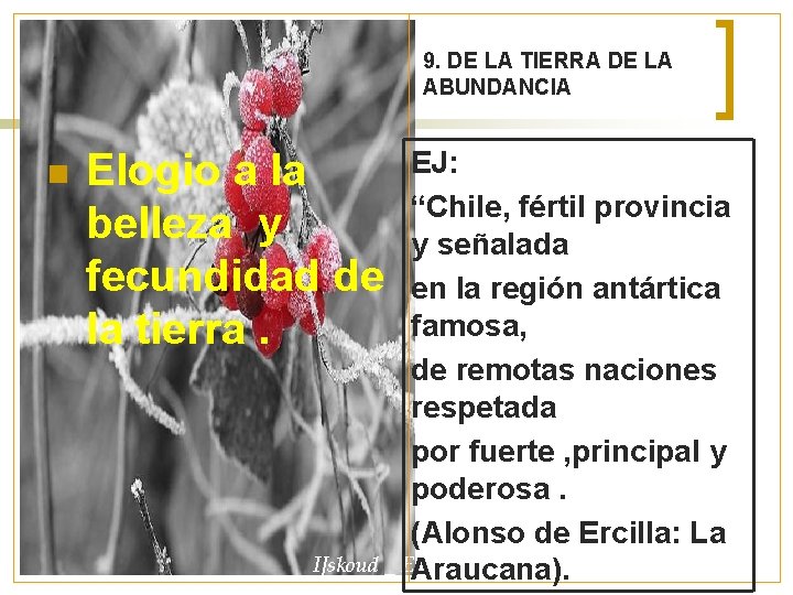 9. DE LA TIERRA DE LA ABUNDANCIA n EJ: “Chile, fértil provincia y señalada