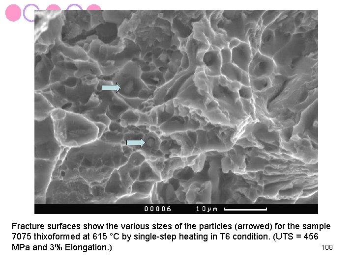 Fracture surfaces show the various sizes of the particles (arrowed) for the sample 7075