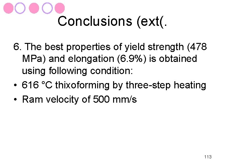 Conclusions (ext(. 6. The best properties of yield strength (478 MPa) and elongation (6.