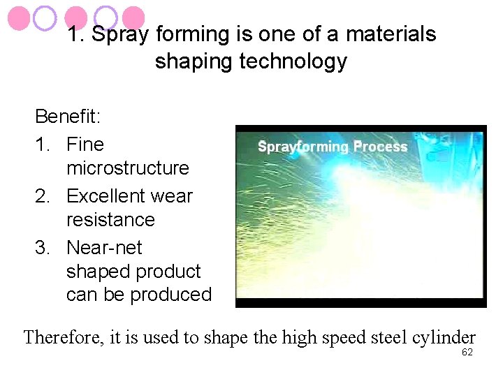 1. Spray forming is one of a materials shaping technology Benefit: 1. Fine microstructure