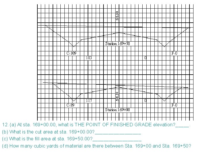 12. (a) At sta. 169+00. 00, what is THE POINT OF FINISHED GRADE elevation?