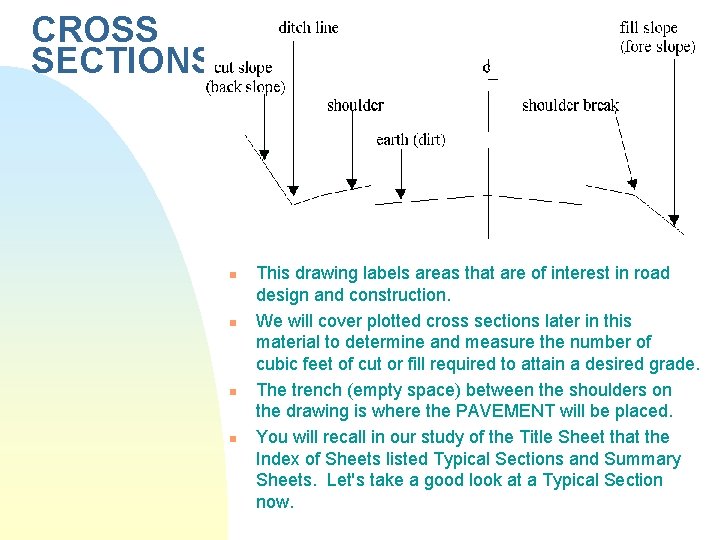 CROSS SECTIONS n n This drawing labels areas that are of interest in road