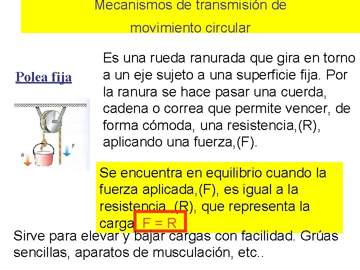 Mecanismos de transmisión de movimiento circular Polea fija Es una rueda ranurada que gira