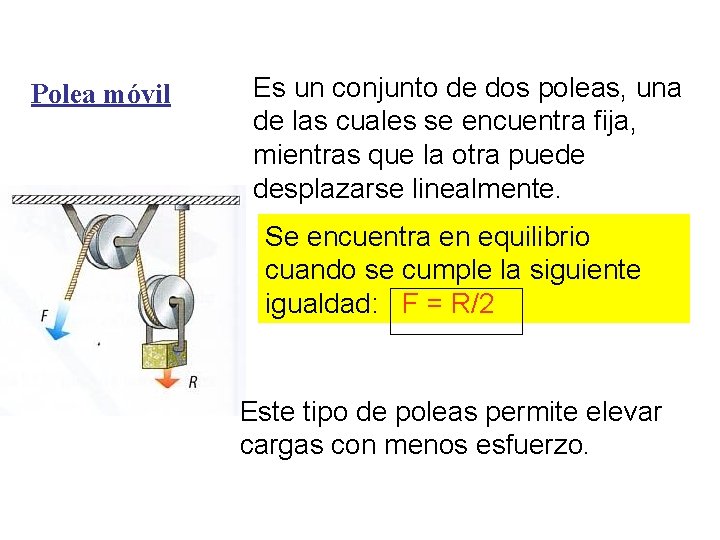 Polea móvil Es un conjunto de dos poleas, una de las cuales se encuentra