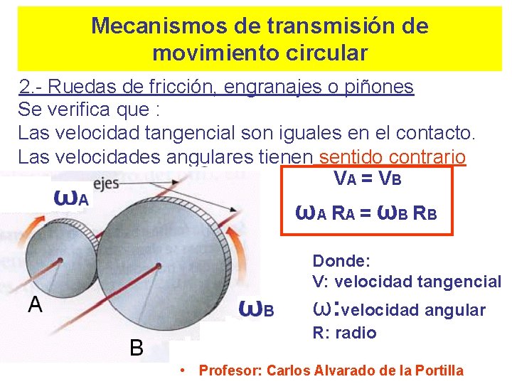 Mecanismos de transmisión de movimiento circular 2. - Ruedas de fricción, engranajes o piñones