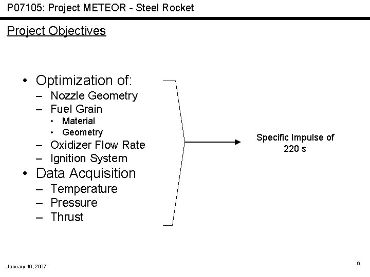 P 07105: Project METEOR - Steel Rocket Project Objectives • Optimization of: – Nozzle