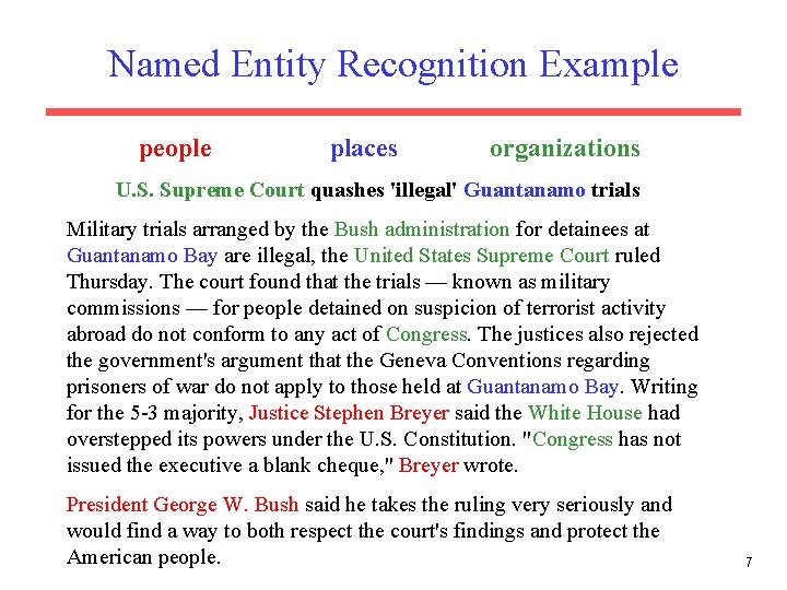 Named Entity Recognition Example people places organizations U. S. Supreme Court quashes 'illegal' Guantanamo