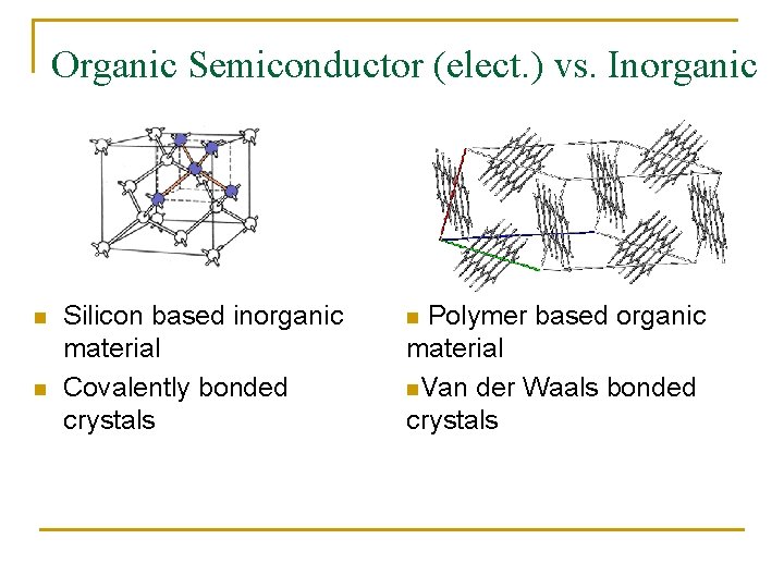 Organic Semiconductor (elect. ) vs. Inorganic n n Silicon based inorganic material Covalently bonded