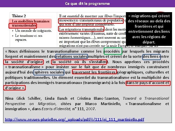 Ce que dit le programme = migrations qui créent des réseaux au-delà des frontières