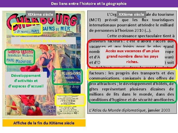 Des liens entre l’histoire et la géographie XIXème siècle Révolution du transport. Développement d’activités