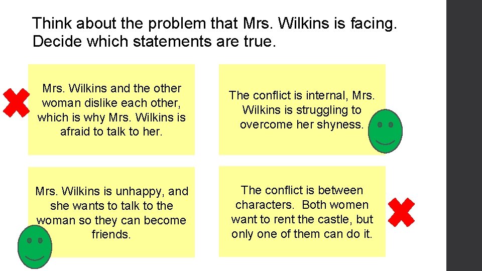 Think about the problem that Mrs. Wilkins is facing. Decide which statements are true.