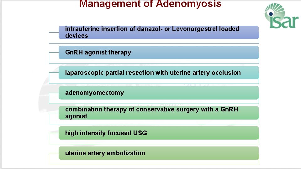 Management of Adenomyosis intrauterine insertion of danazol- or Levonorgestrel loaded devices Gn. RH agonist