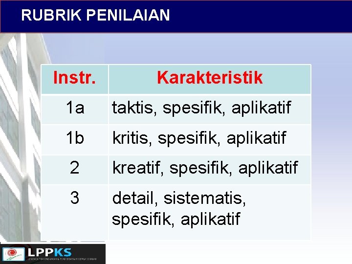 RUBRIK PENILAIAN Instr. Karakteristik 1 a taktis, spesifik, aplikatif 1 b kritis, spesifik, aplikatif