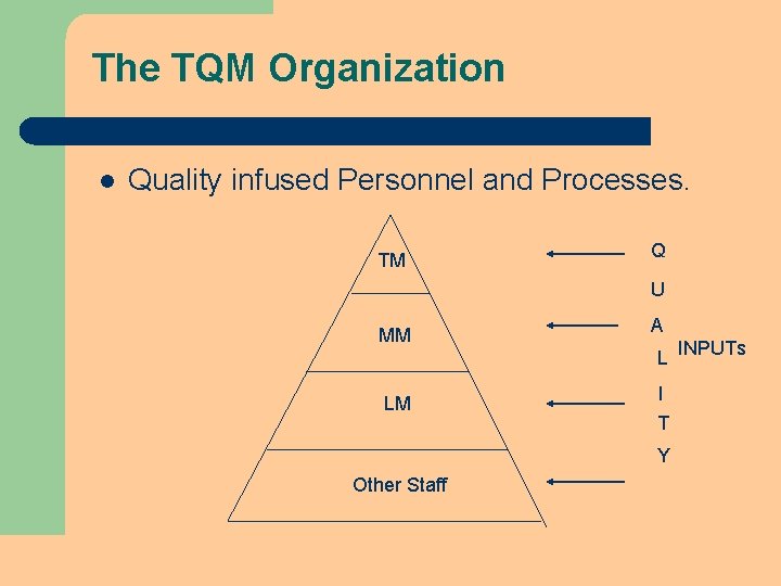 The TQM Organization l Quality infused Personnel and Processes. TM Q U MM LM The TQM Organization l Quality infused Personnel and Processes. TM Q U MM LM