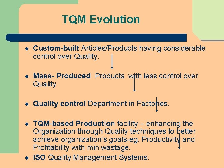 TQM Evolution l Custom-built Articles/Products having considerable control over Quality. l Mass- Produced Products TQM Evolution l Custom-built Articles/Products having considerable control over Quality. l Mass- Produced Products