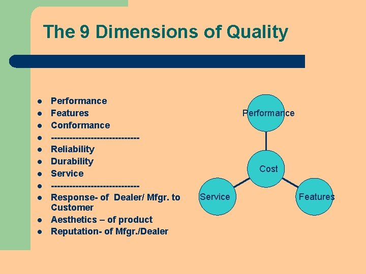 The 9 Dimensions of Quality l l l Performance Features Conformance --------------Reliability Durability Service The 9 Dimensions of Quality l l l Performance Features Conformance --------------Reliability Durability Service