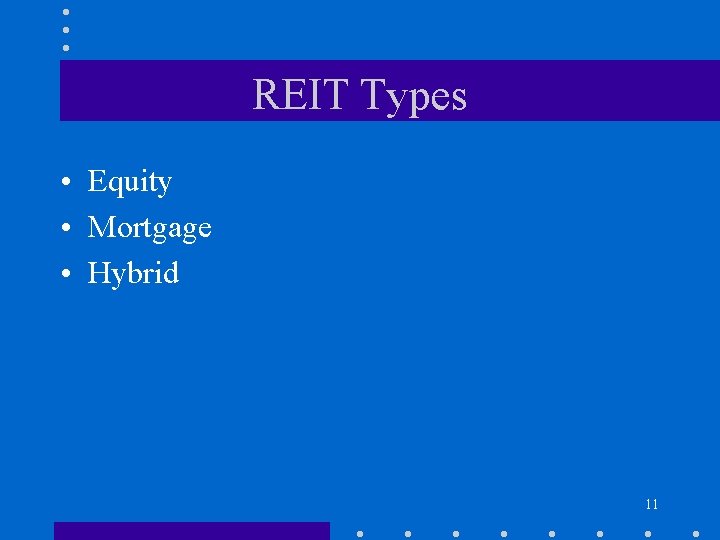 REIT Types • Equity • Mortgage • Hybrid 11 