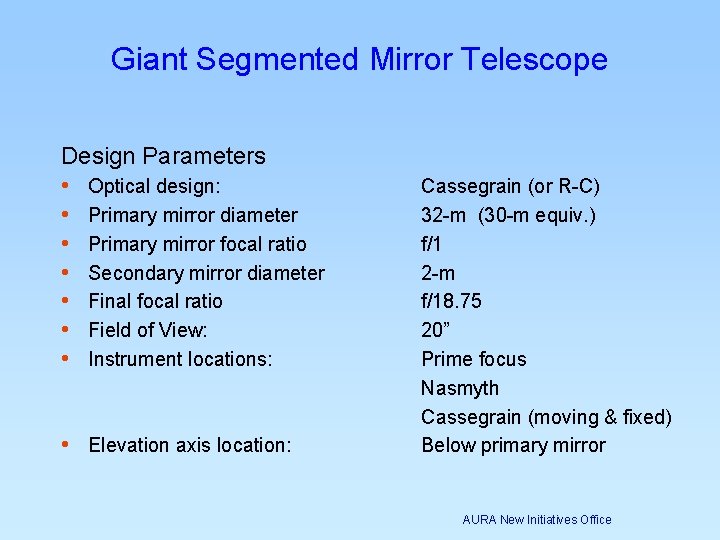 Giant Segmented Mirror Telescope Design Parameters • Optical design: • Primary mirror diameter • Giant Segmented Mirror Telescope Design Parameters • Optical design: • Primary mirror diameter •