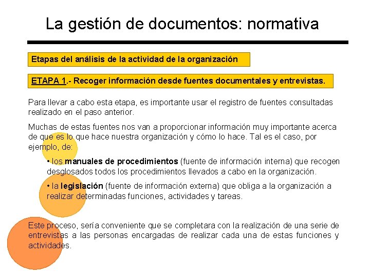 La gestión de documentos: normativa Etapas del análisis de la actividad de la organización