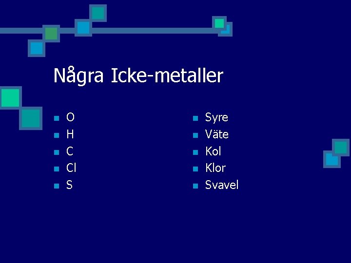 Några Icke-metaller n n n O H C Cl S n n n Syre