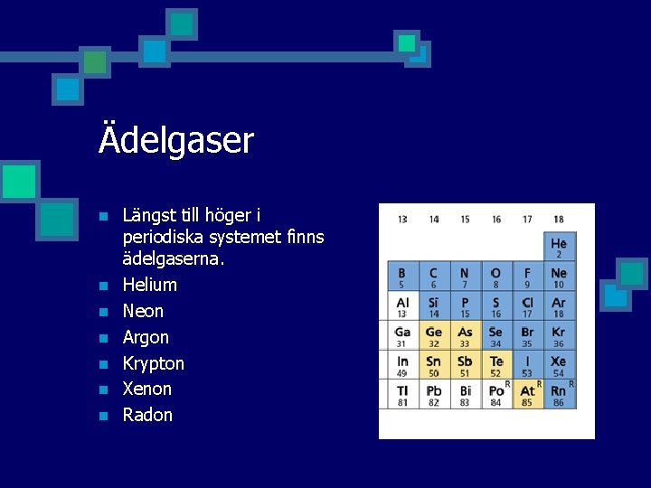Ädelgaser n n n n Längst till höger i periodiska systemet finns ädelgaserna. Helium