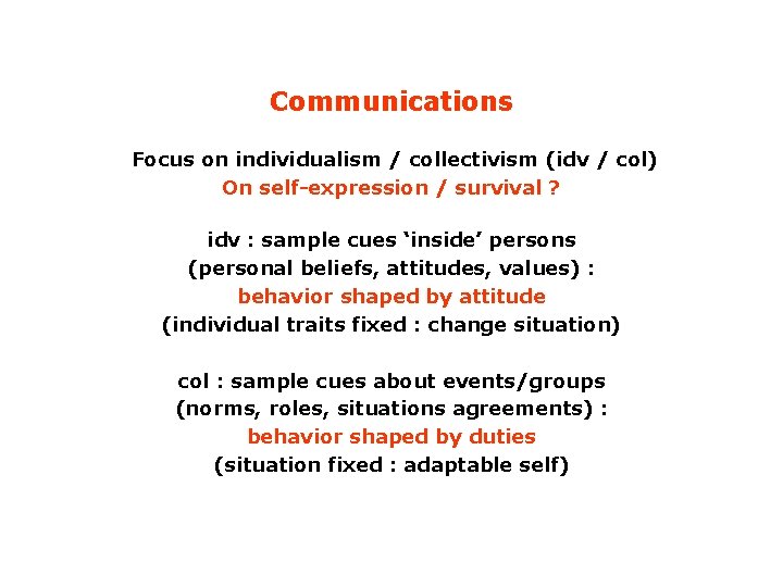 Communications Focus on individualism / collectivism (idv / col) On self-expression / survival ?