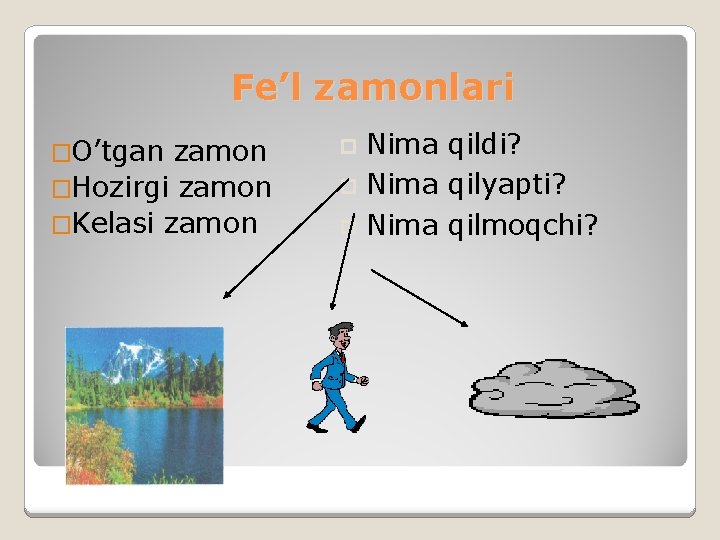 Fе’l zamonlari �O’tgan zamon �Hozirgi zamon �Kelasi zamon Nima qildi? p Nima qilyapti? p