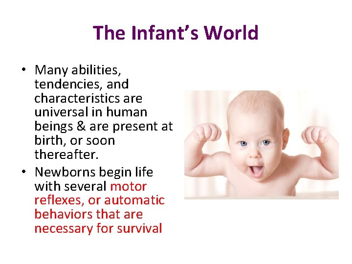 The Infant’s World • Many abilities, tendencies, and characteristics are universal in human beings