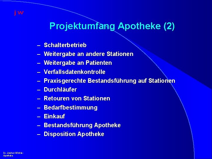 Projektumfang Apotheke (2) – – – Dr. Jochen Winkler Apotheke Schalterbetrieb Weitergabe an andere