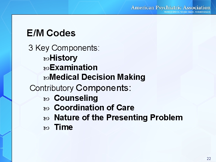 E/M Codes 3 Key Components: History Examination Medical Decision Making Contributory Components: Counseling Coordination E/M Codes 3 Key Components: History Examination Medical Decision Making Contributory Components: Counseling Coordination