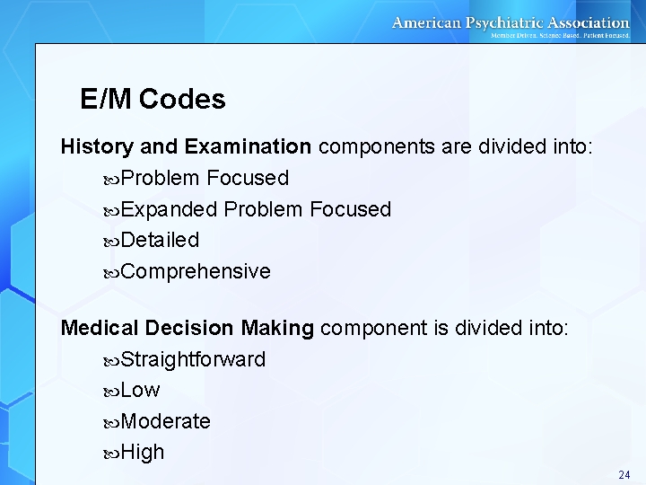 E/M Codes History and Examination components are divided into: Problem Focused Expanded Problem Focused E/M Codes History and Examination components are divided into: Problem Focused Expanded Problem Focused
