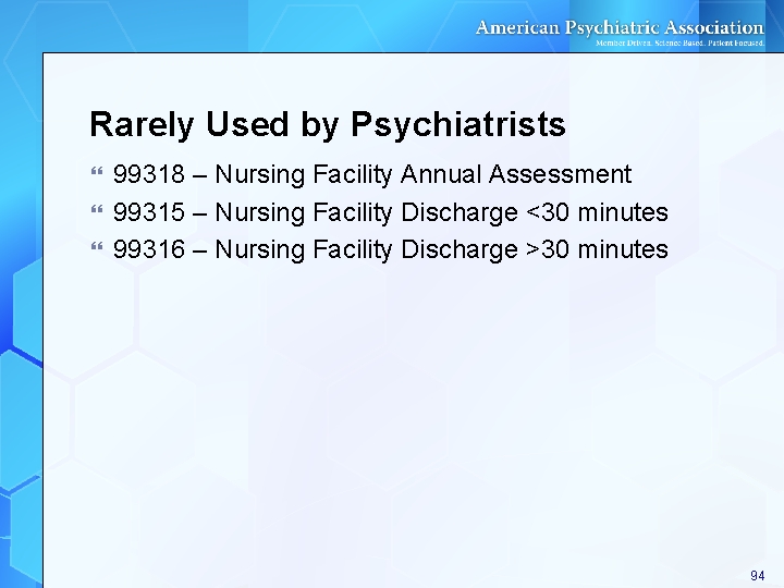 Rarely Used by Psychiatrists 99318 – Nursing Facility Annual Assessment 99315 – Nursing Facility Rarely Used by Psychiatrists 99318 – Nursing Facility Annual Assessment 99315 – Nursing Facility