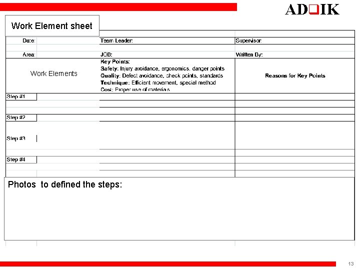 ADq. IK Work Element sheet Work Elements Photos to defined the steps: 13 