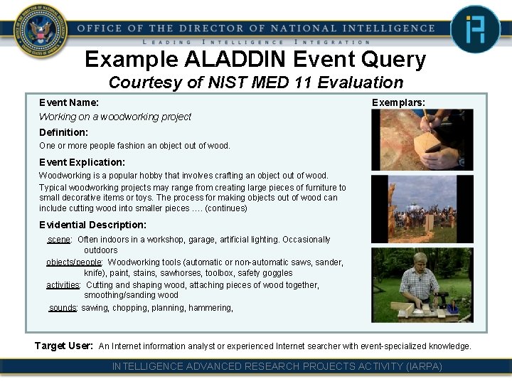 Example ALADDIN Event Query Courtesy of NIST MED 11 Evaluation Event Name: Working on