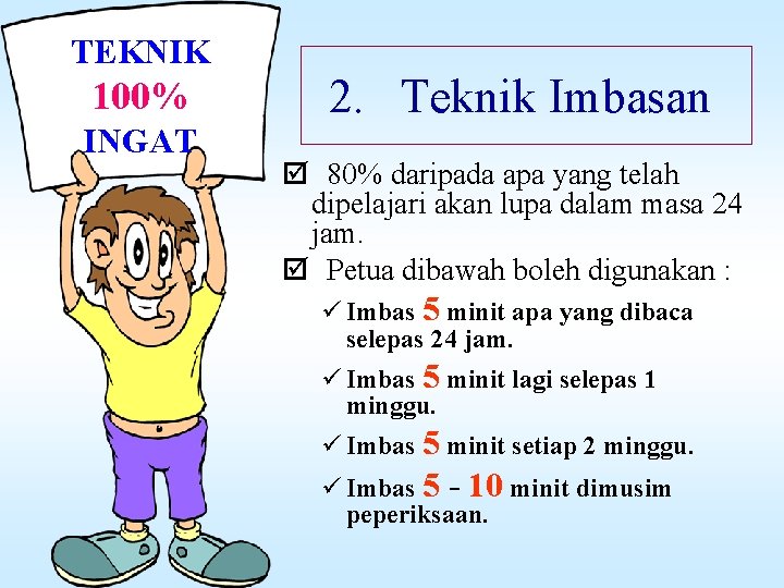 TEKNIK 100% INGAT 2. Teknik Imbasan þ 80% daripada apa yang telah dipelajari akan