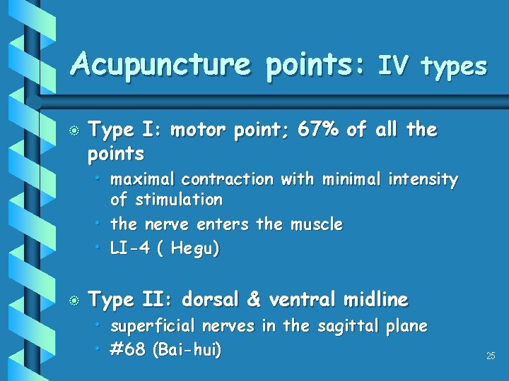 Acupuncture points: IV types b Type I: motor point; 67% of all the points