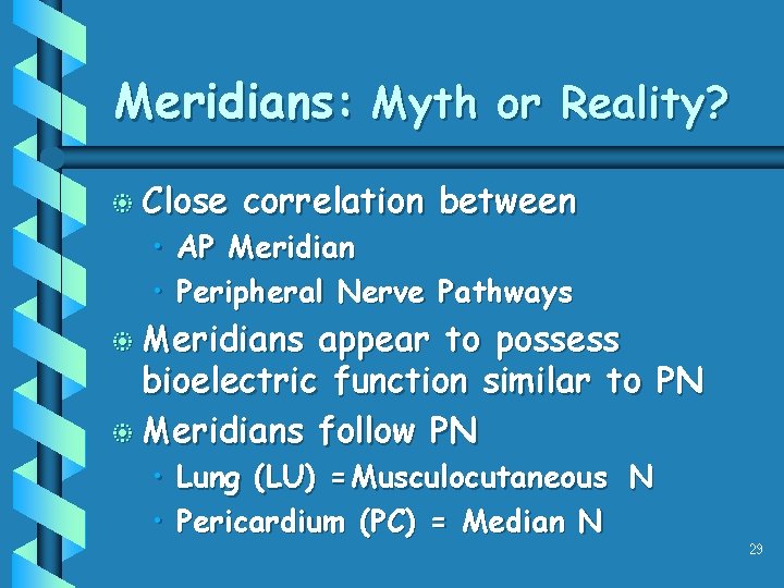 Meridians: Myth or Reality? b Close correlation between • AP Meridian • Peripheral Nerve