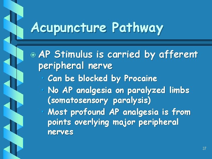 Acupuncture Pathway b AP Stimulus is carried by afferent peripheral nerve • • Can