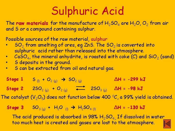 Sulphuric Acid The raw materials for the manufacture of H 2 SO 4 are